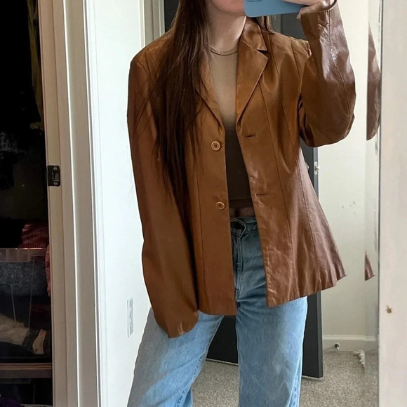 VINTAGE Metro Style Chestnut Brown Leather Jacket - Picture 6 of 6